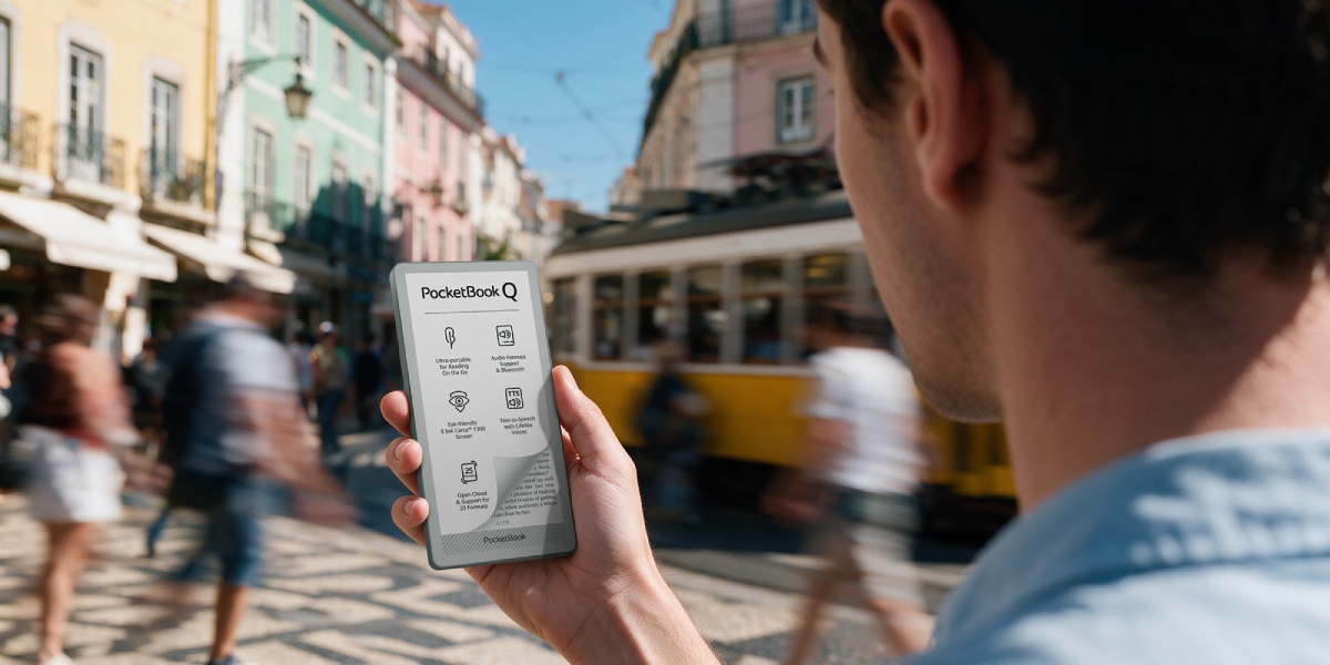 Elektronická čtečka PocketBook Q o velikosti mobilního telefonu na veletrhu IFA 2026: pohodlná a kdykoli po ruce, ať už hledáte digitální detox, čtení nebo poslech
